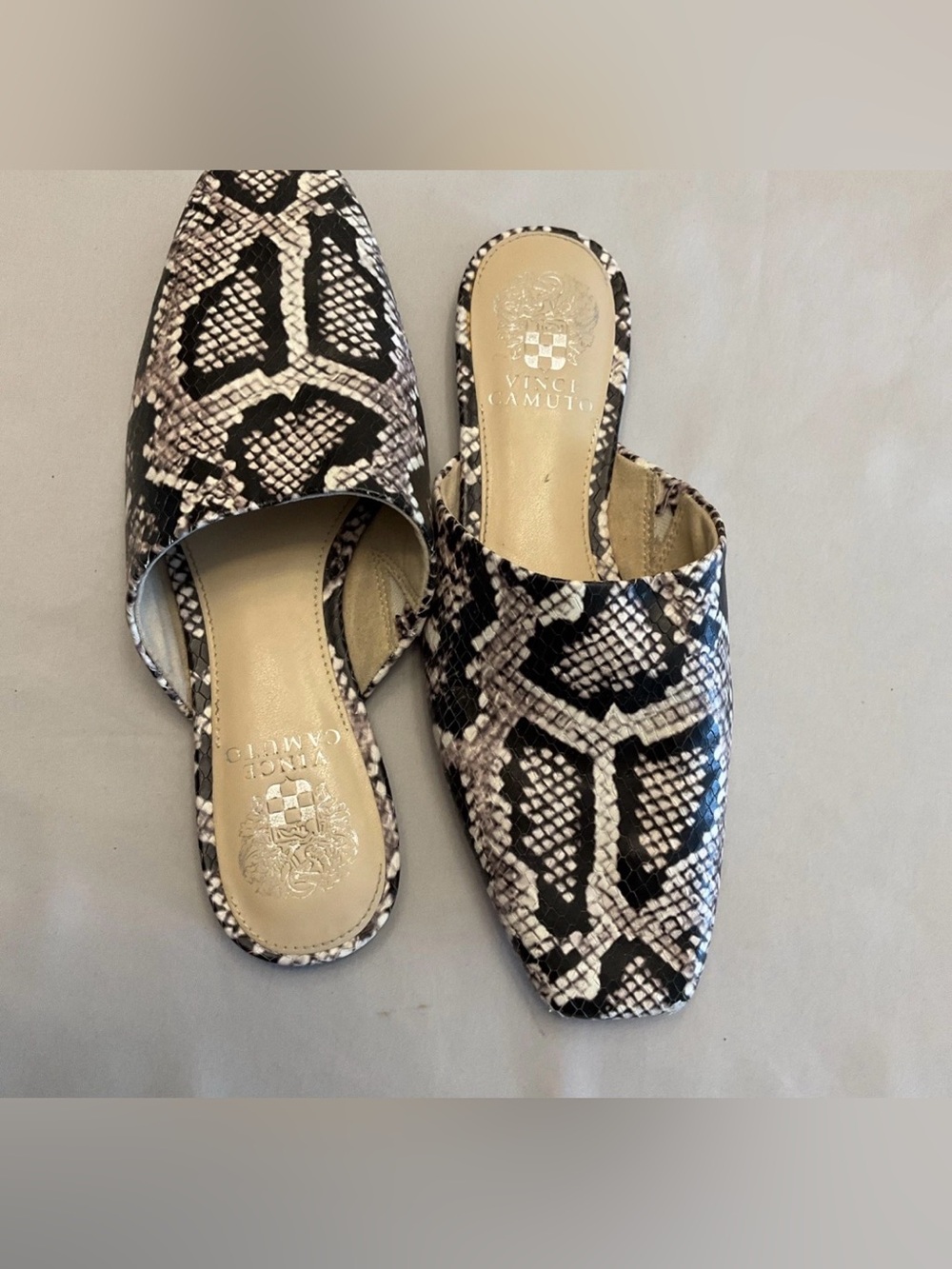 Vince Camuto Black & White Snake-Print Slide Mules